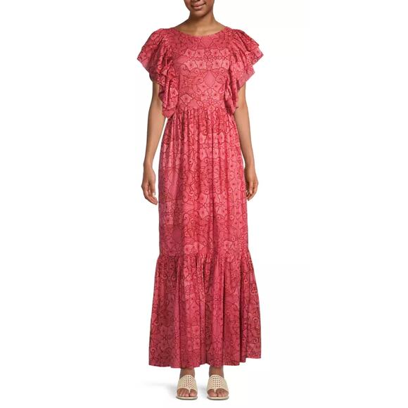 Ro's Garden Tuckernuck Hendaya Open Low Back Maxi Dress Pink Ruffle Cotton